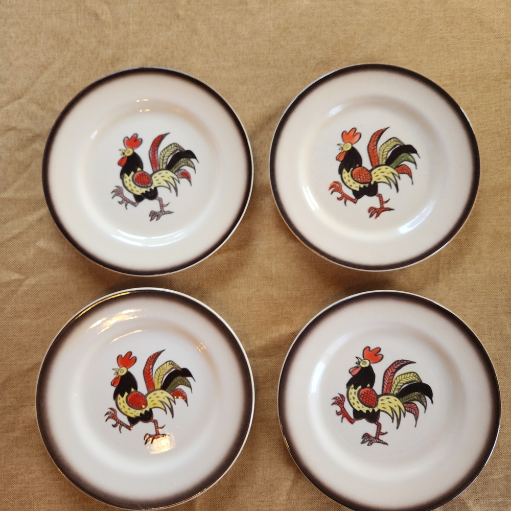 Rooster Accent Salad Plates - White with Red/Yellow/Black Rooster